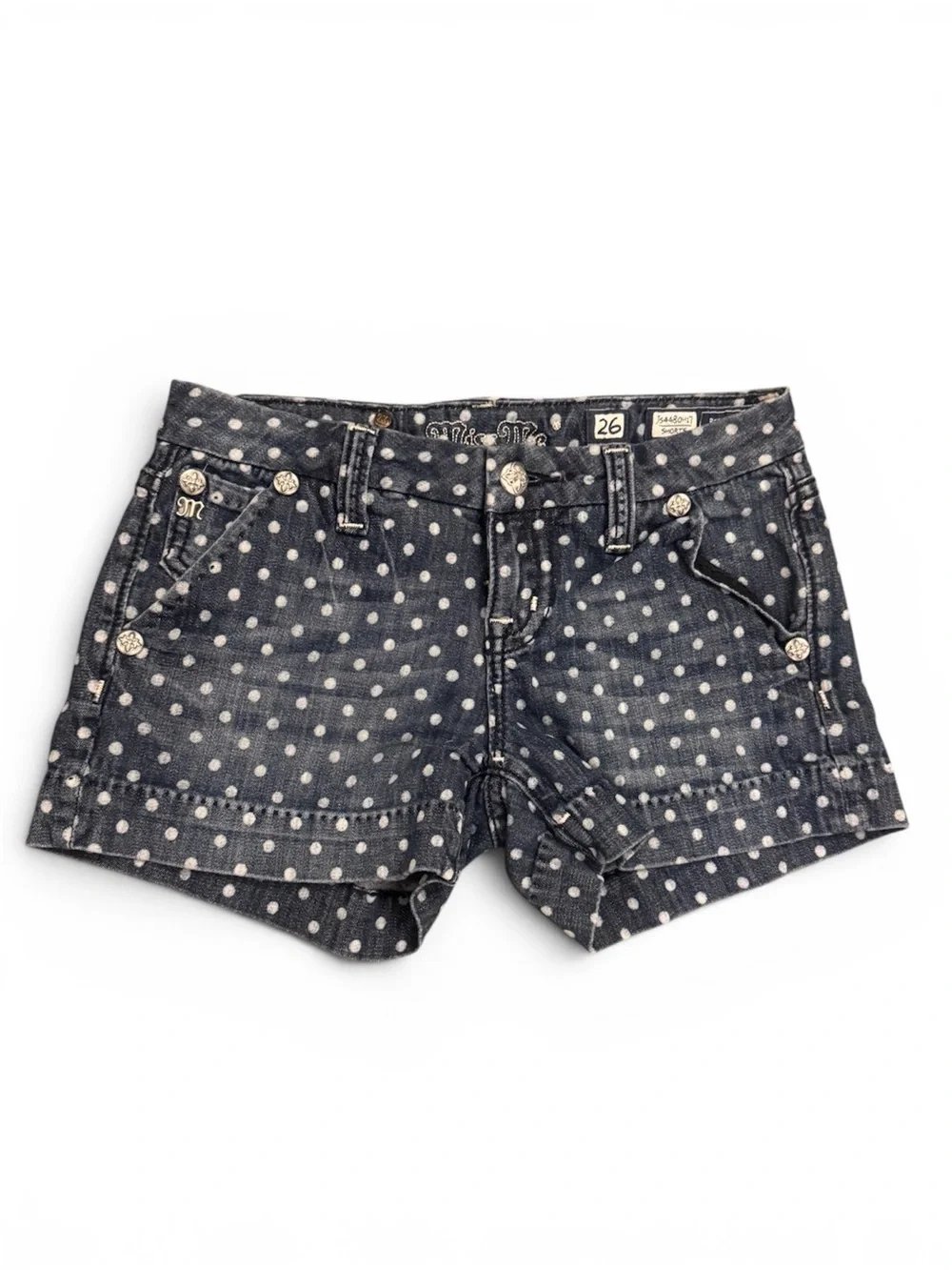 Miss Me Dark Blue Polka Dot Denim Shorts 26 - Picture 1 of 5